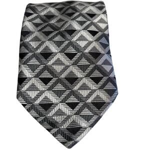 Montebello Men's Silk Necktie Gray and Black Geometric Pattern